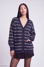 Striped V-Neck Button-Up Cardigan