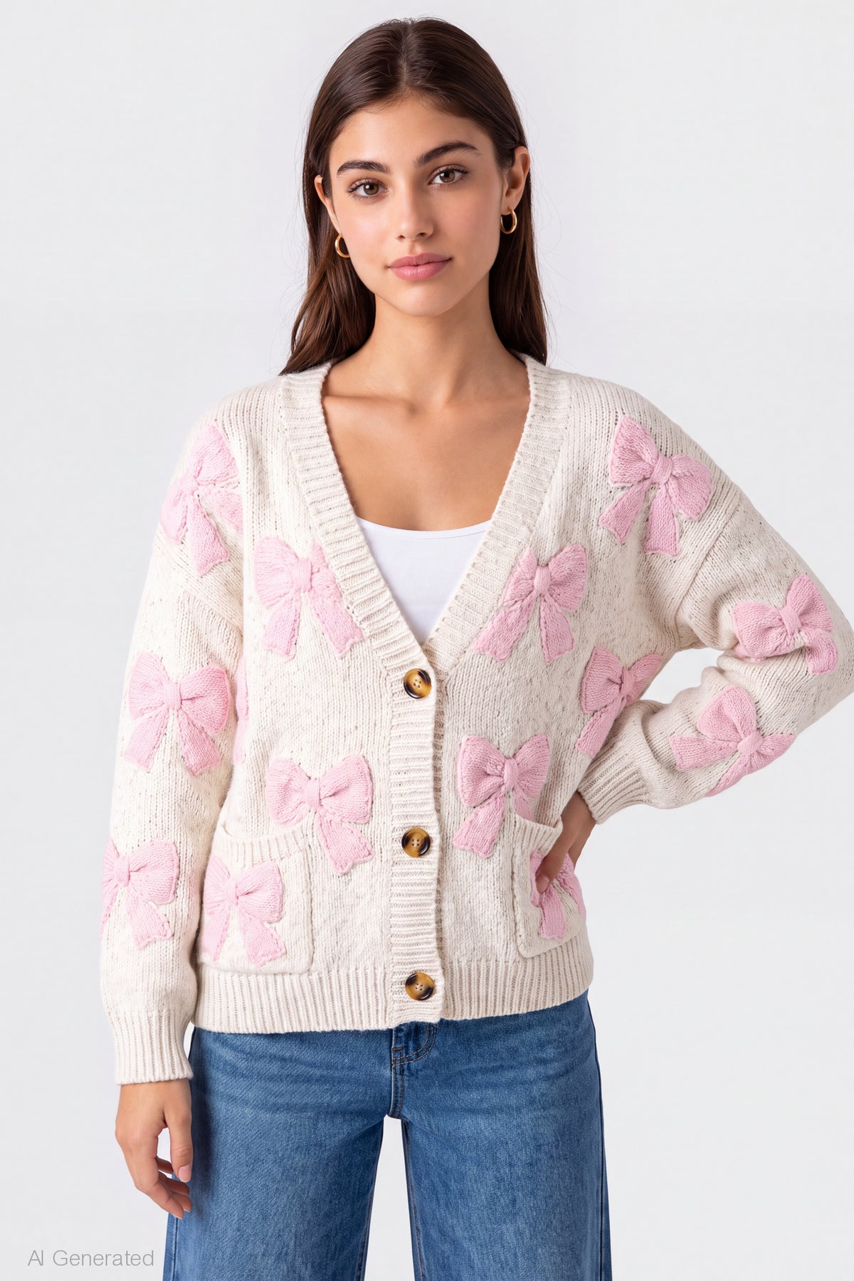 Chenille Embroidered Button Front Cardigan - Cream