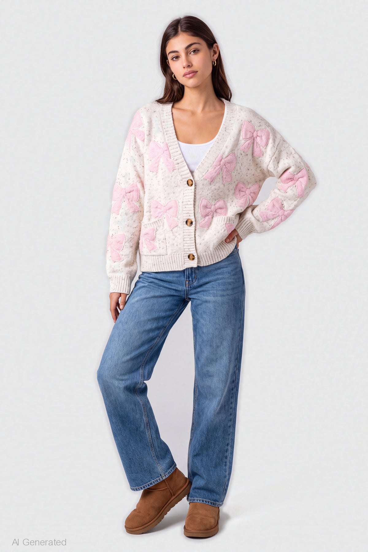 Alt View 3. Chenille Embroidered Button Front Cardigan - Cream