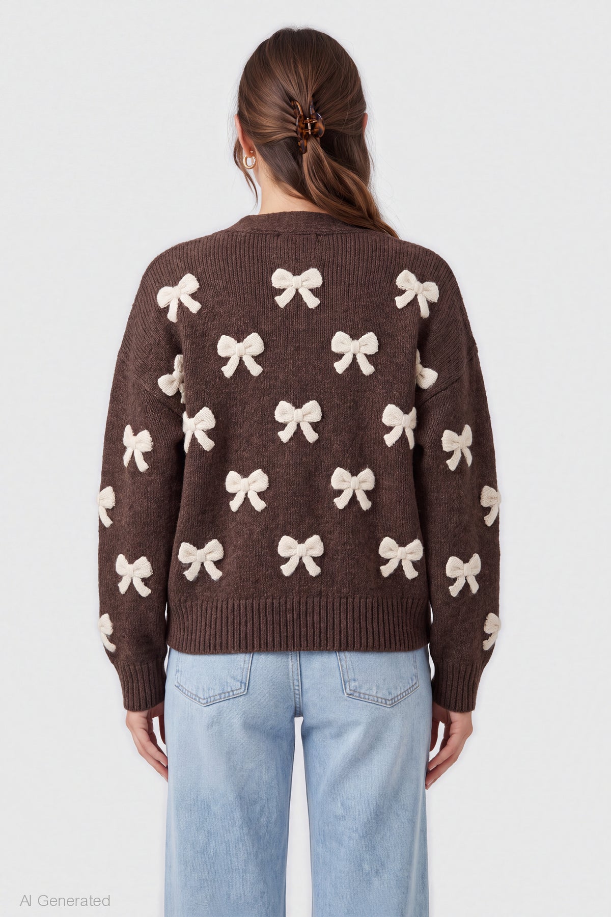 Alt View 2. Chenille Embroidered Button Front Cardigan - Brown