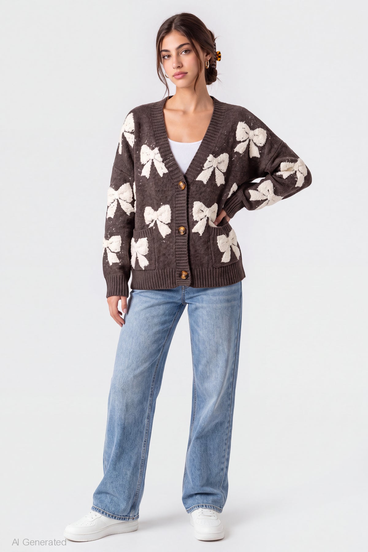 Alt View 3. Chenille Embroidered Button Front Cardigan - Brown