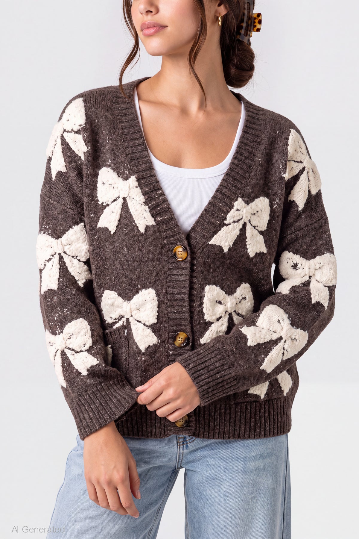 Alt View 4. Chenille Embroidered Button Front Cardigan - Brown