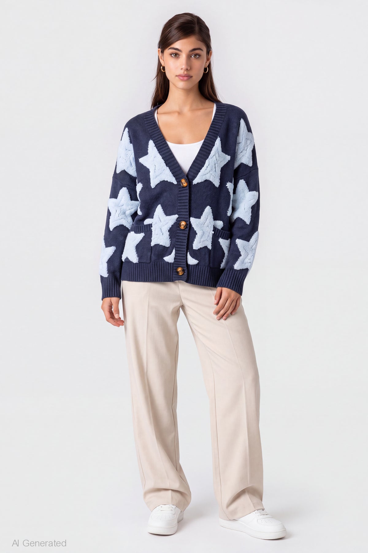 Alt View 3. Chenille Embroidered Button Front Cardigan - Dark Blue