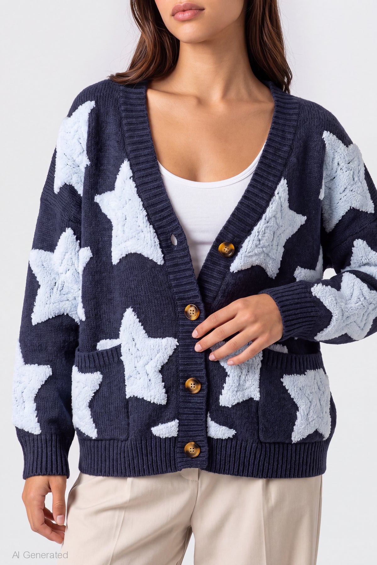 Alt View 4. Chenille Embroidered Button Front Cardigan - Dark Blue