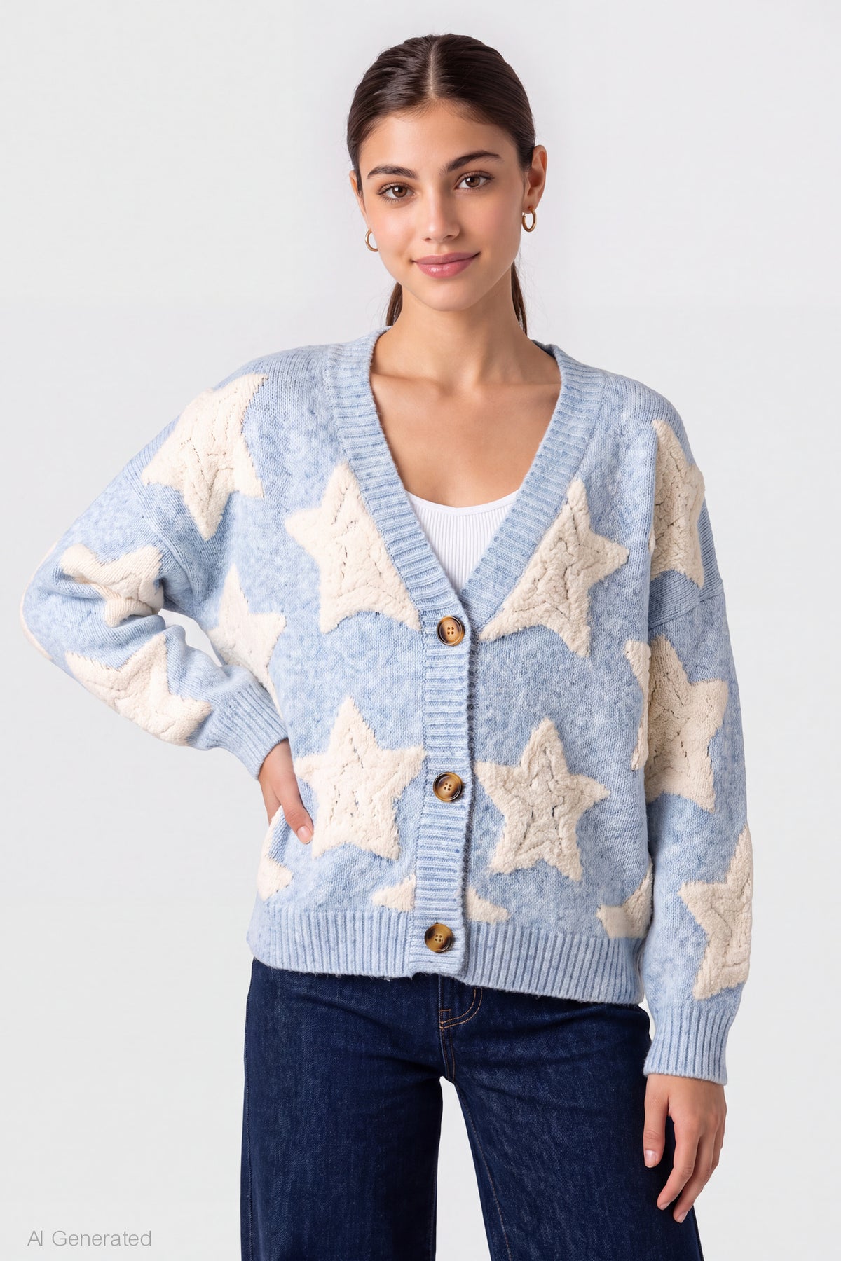 Chenille Embroidered Button Front Cardigan - Light Blue