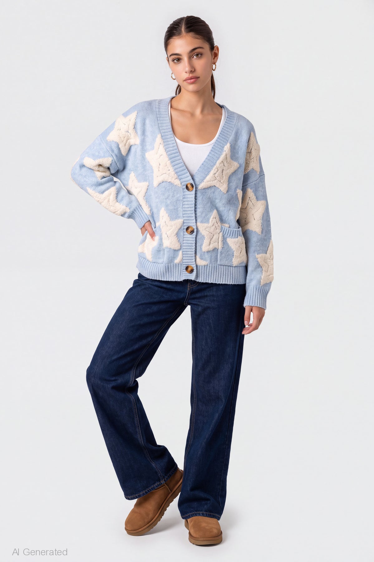 Alt View 3. Chenille Embroidered Button Front Cardigan - Light Blue
