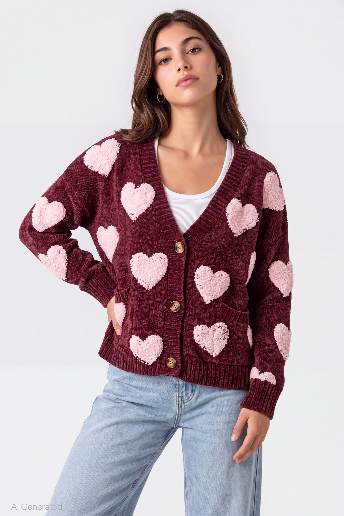 Chenille Embroidered Button Front Cardigan - Dark Red