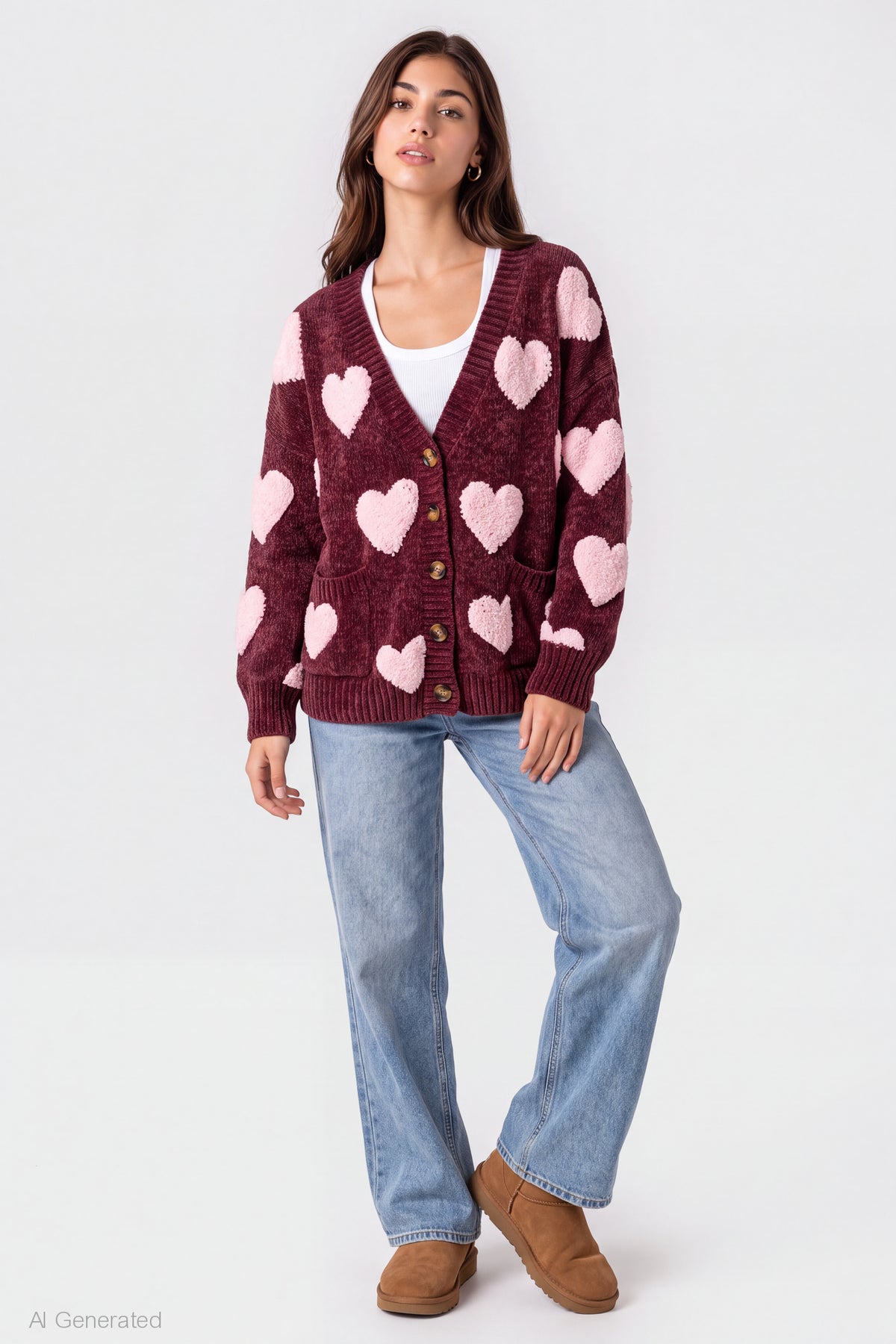 Alt View 3. Chenille Embroidered Button Front Cardigan - Dark Red