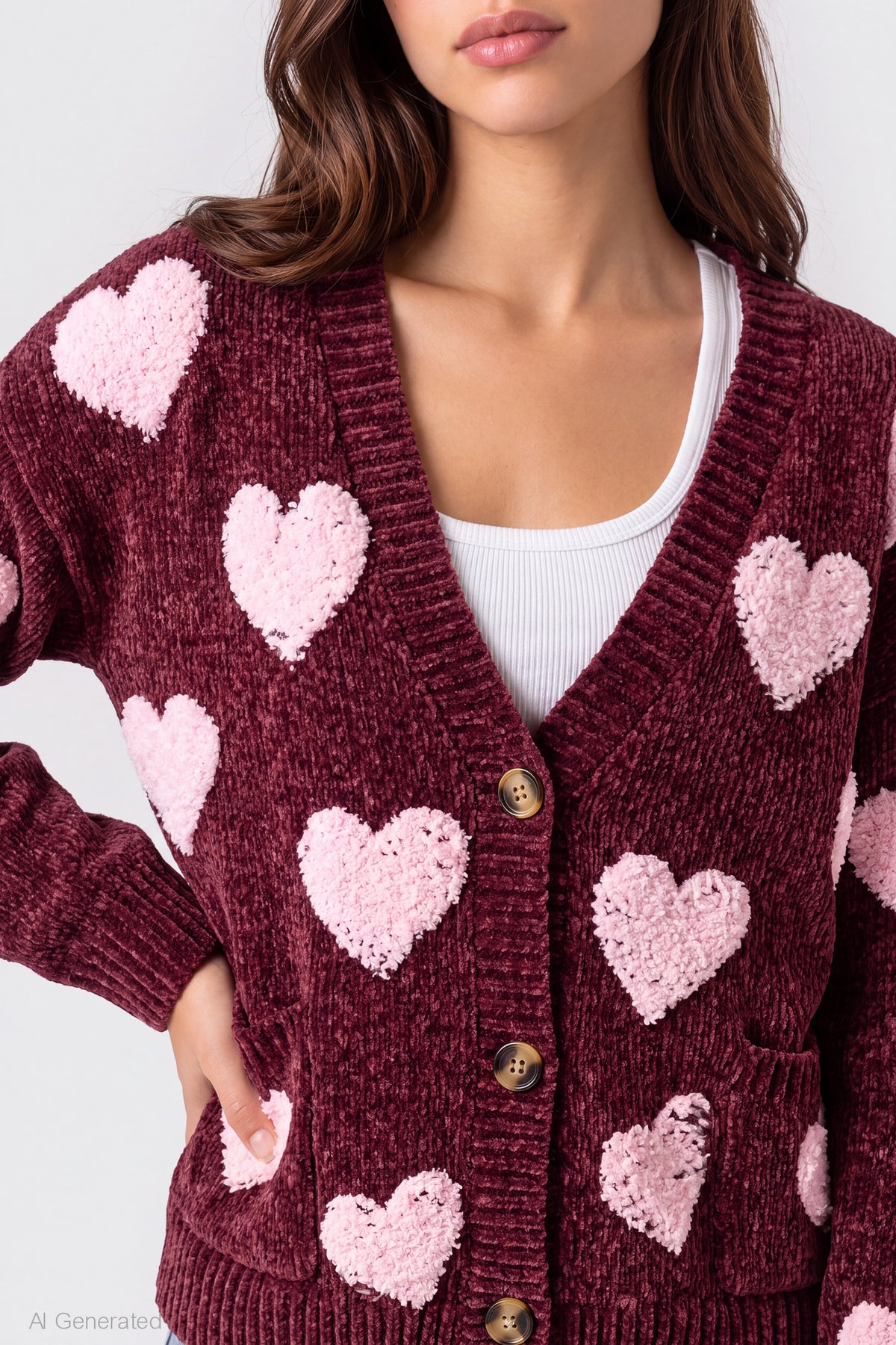 Alt View 4. Chenille Embroidered Button Front Cardigan - Dark Red