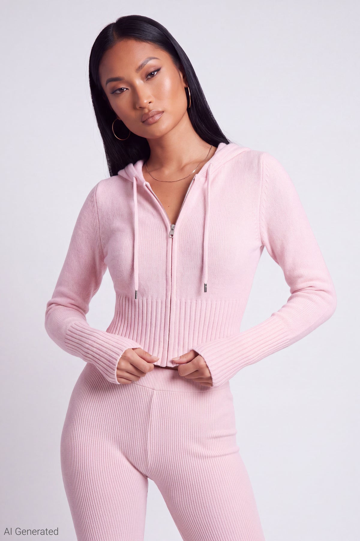 Zip-Up Sweater Hoodie - Pink