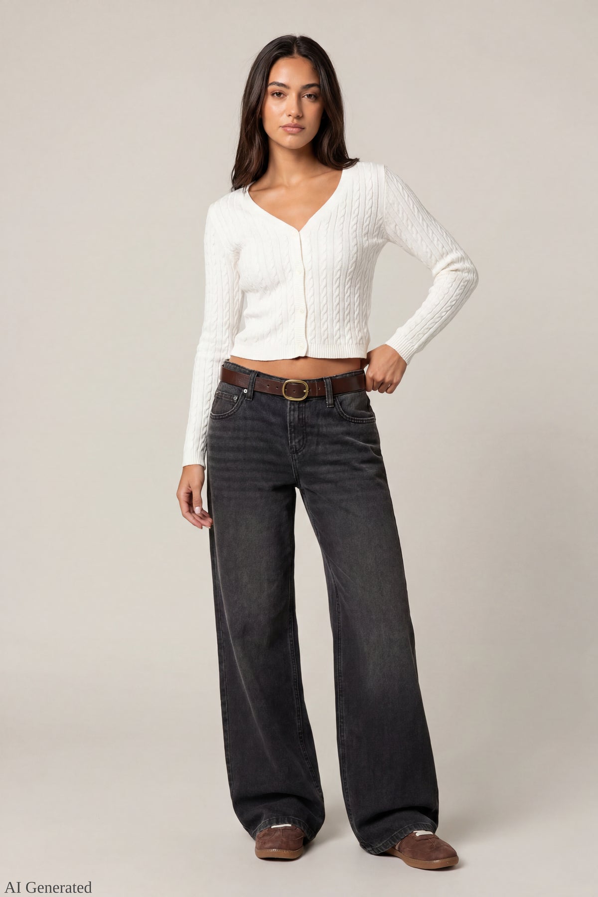 Alt View 2. Cable Knit Button-Up Cardigan - Cream