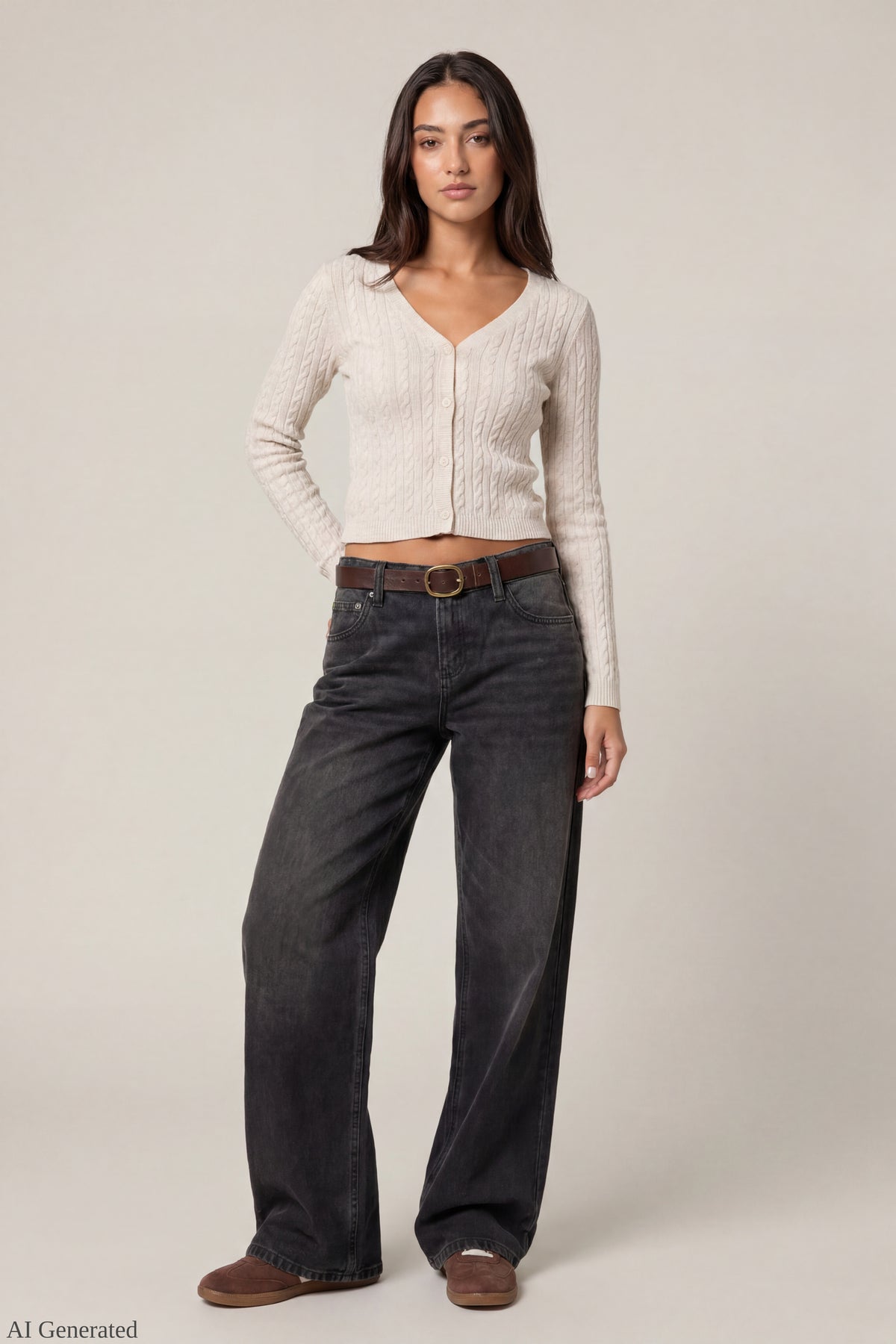 Alt View 2. Cable Knit Button-Up Cardigan - Oatmeal