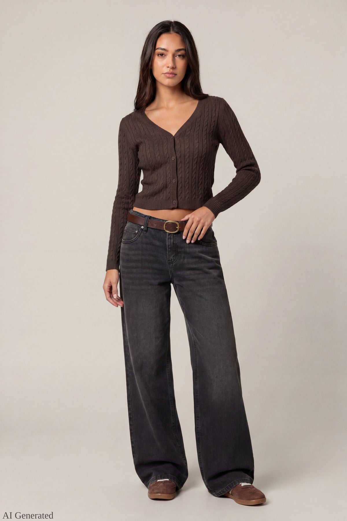 Alt View 2. Cable Knit Button-Up Cardigan - Brown