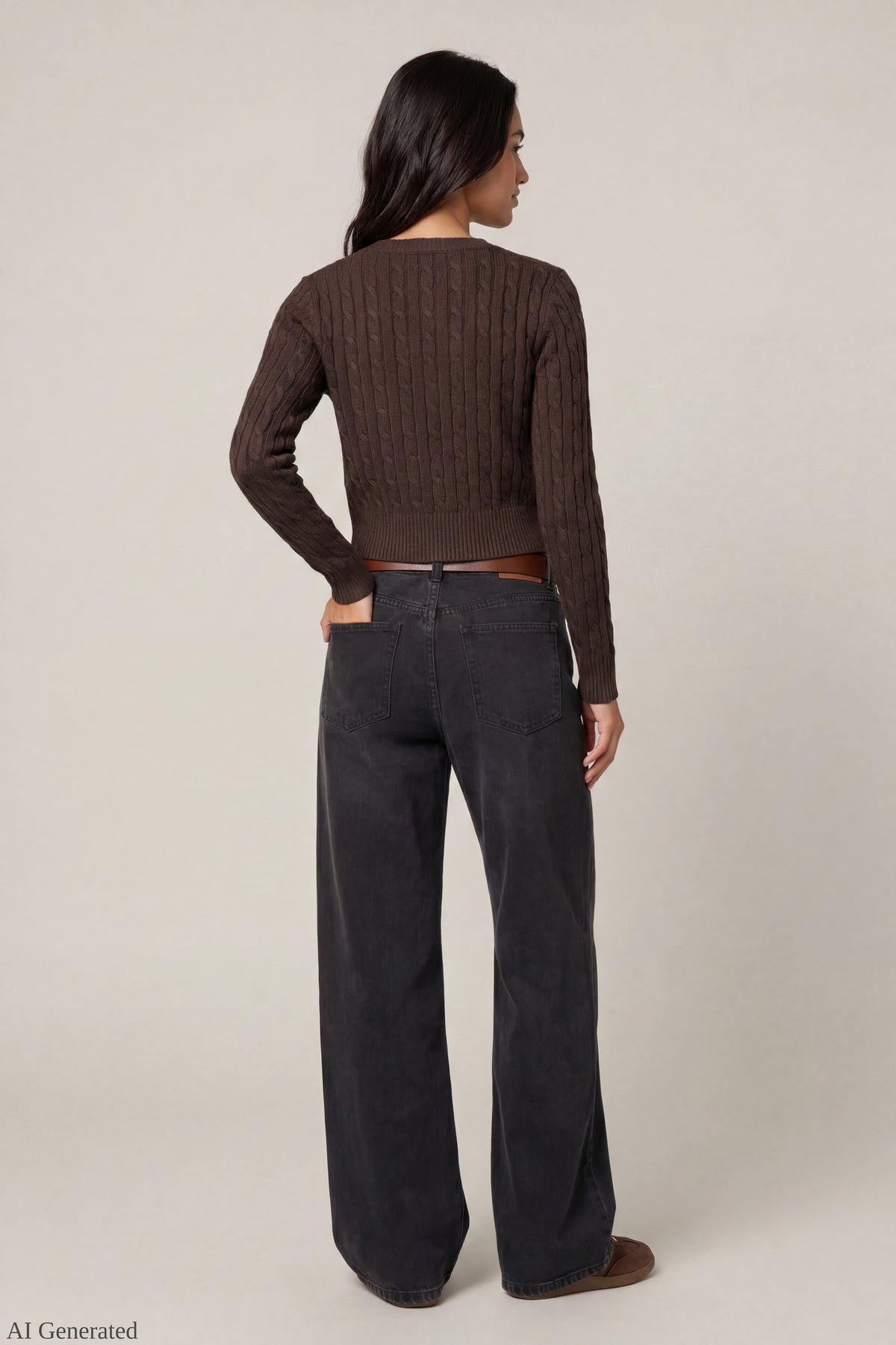 Alt View 3. Cable Knit Button-Up Cardigan - Brown