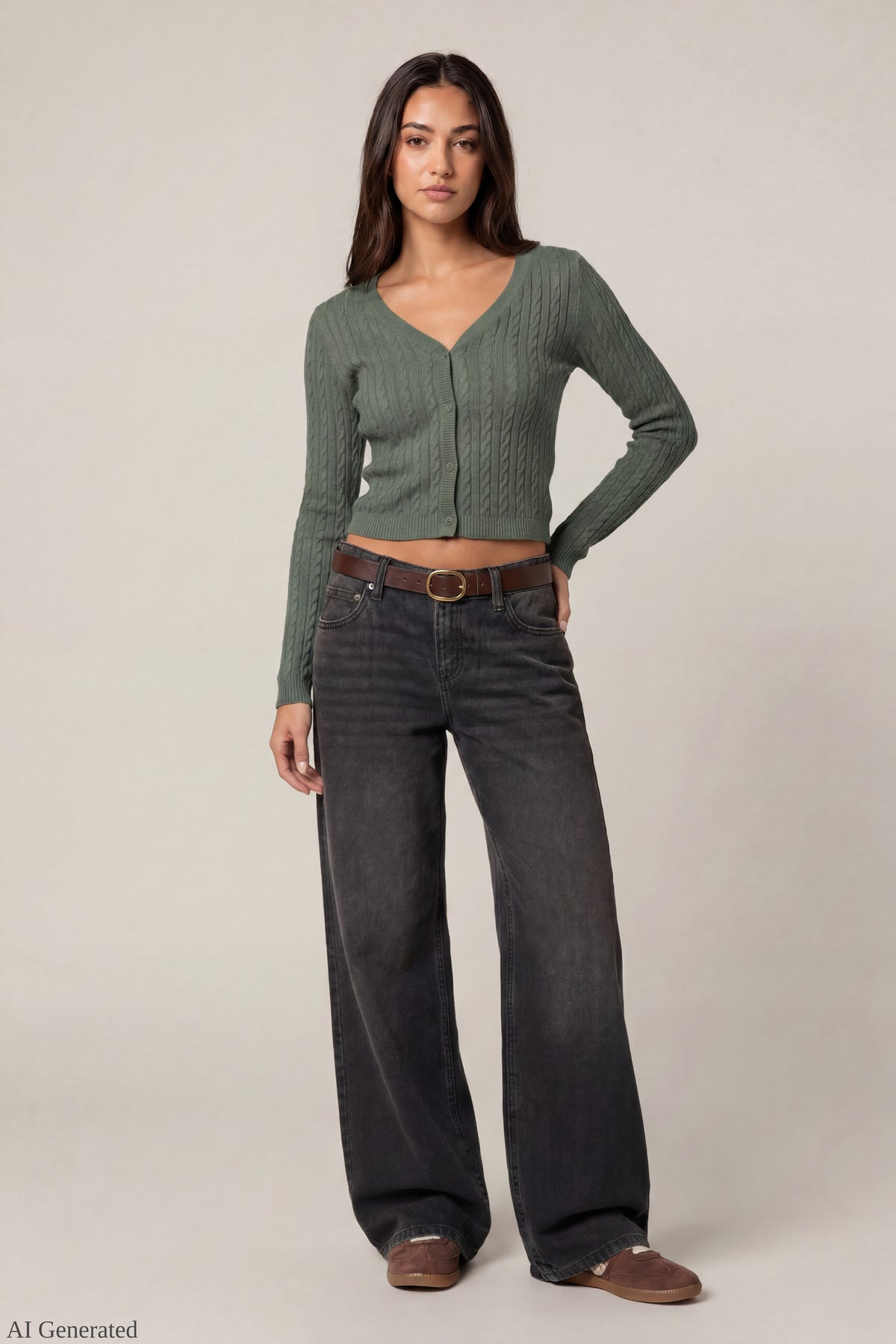 Alt View 2. Cable Knit Button-Up Cardigan - Dark Green