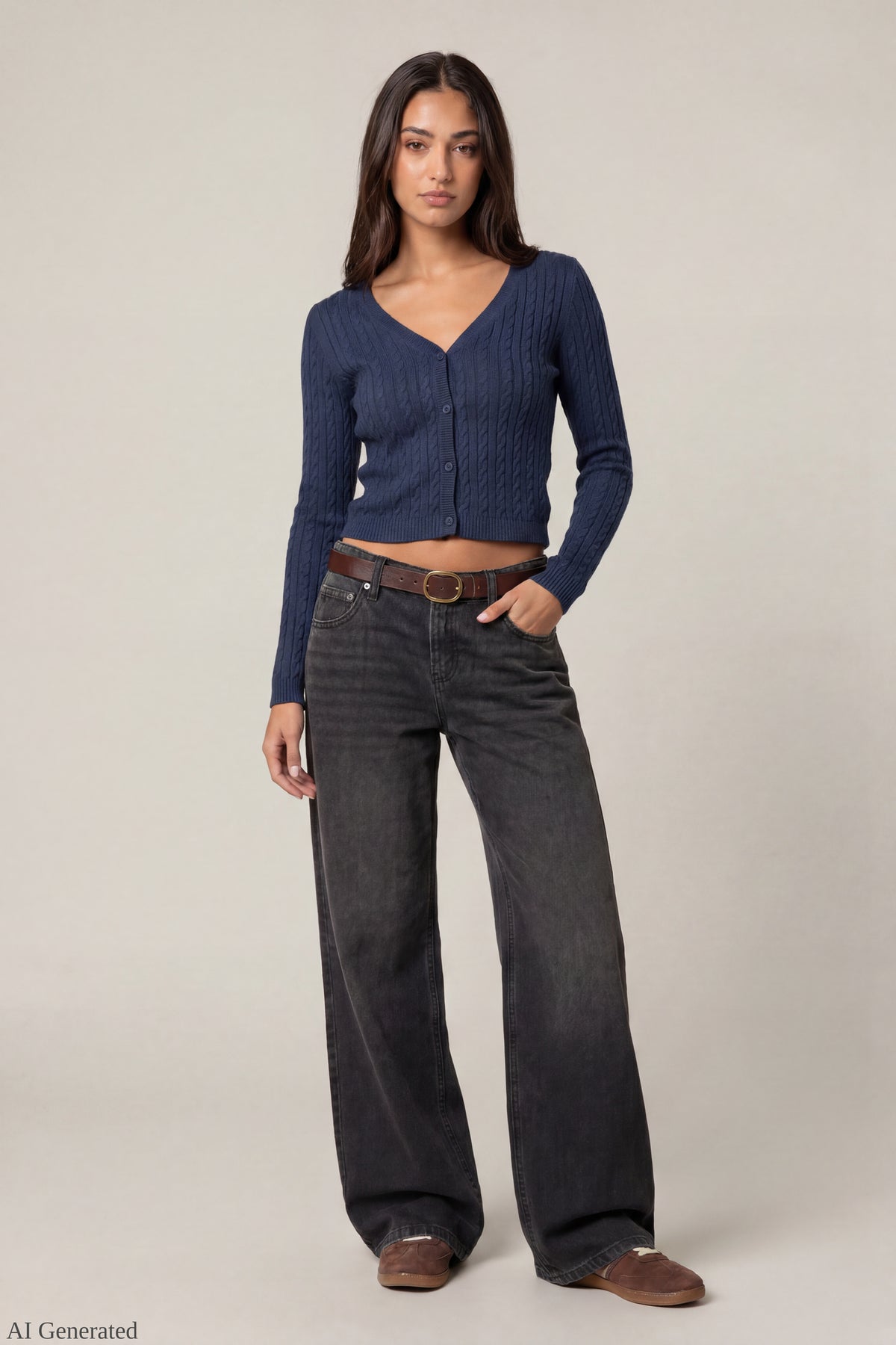 Alt View 2. Cable Knit Button-Up Cardigan - Navy