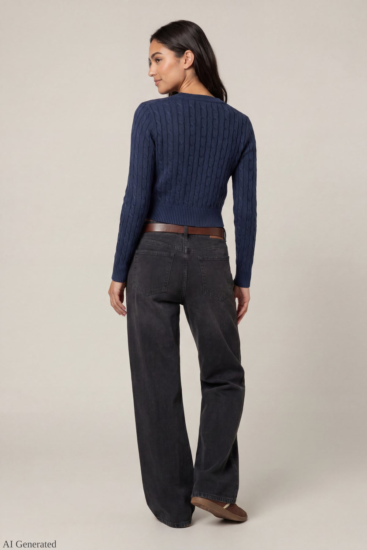 Alt View 3. Cable Knit Button-Up Cardigan - Navy