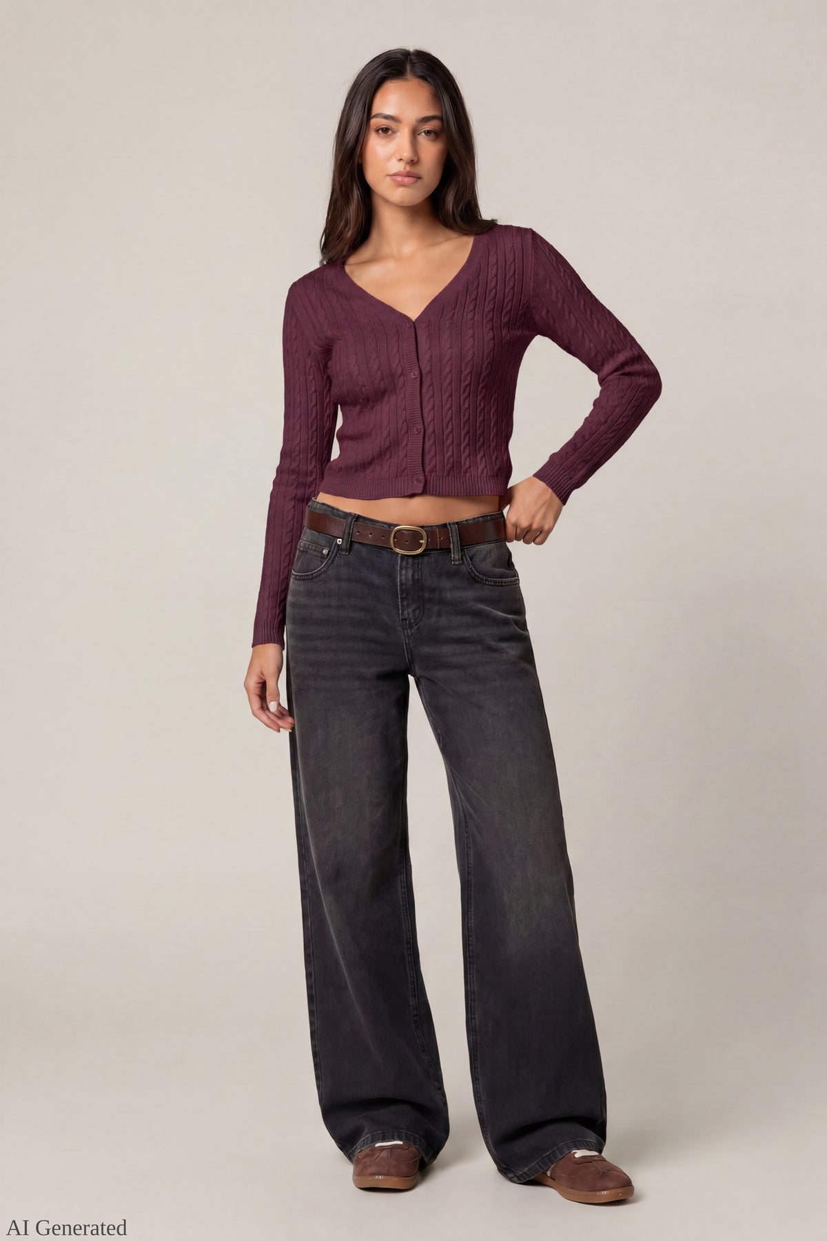 Alt View 2. Cable Knit Button-Up Cardigan - Purple