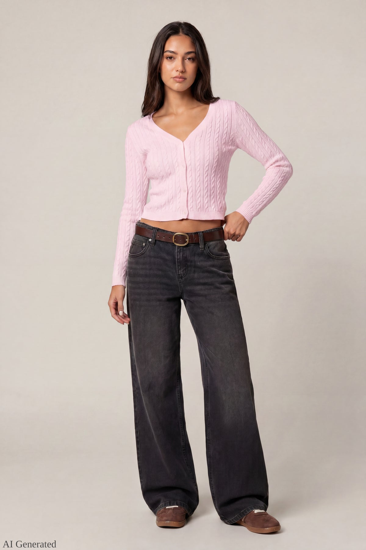 Alt View 2. Cable Knit Button-Up Cardigan - Pink