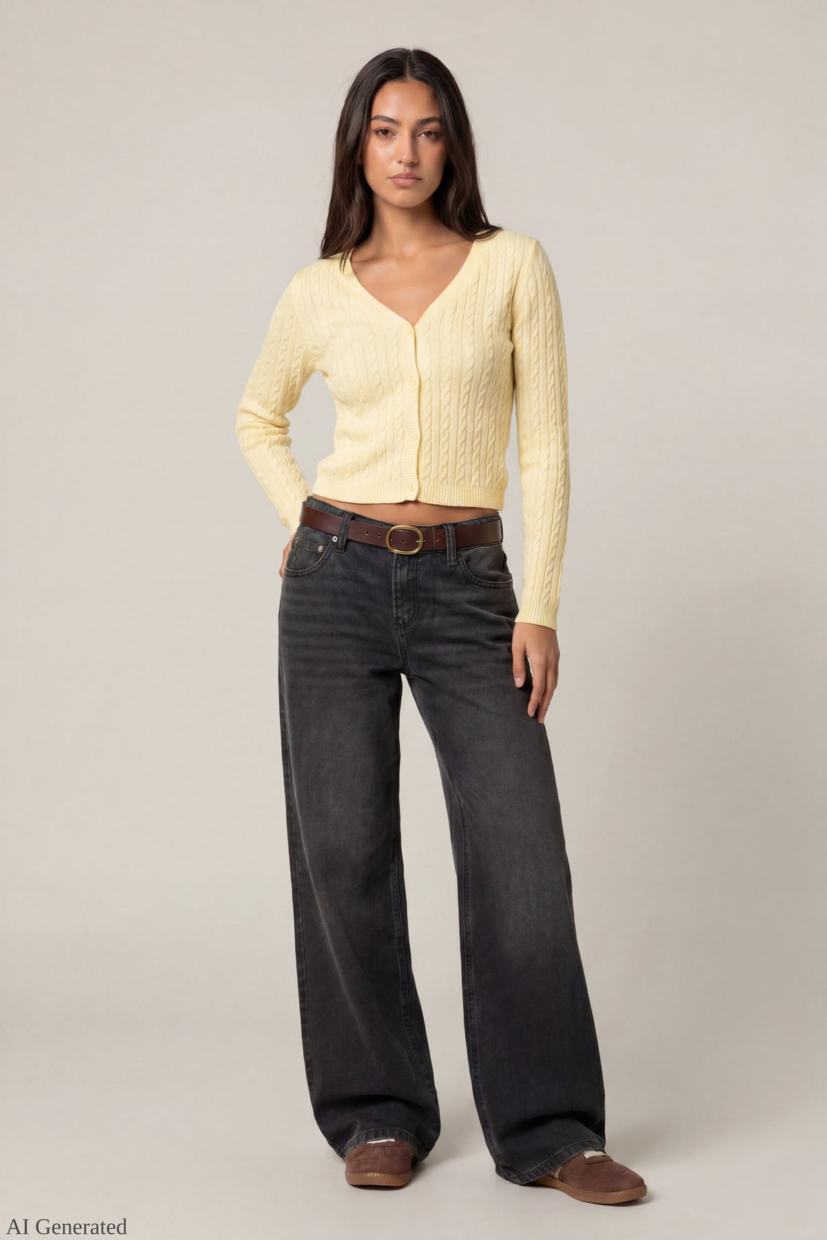 Alt View 2. Cable Knit Button-Up Cardigan - Yellow