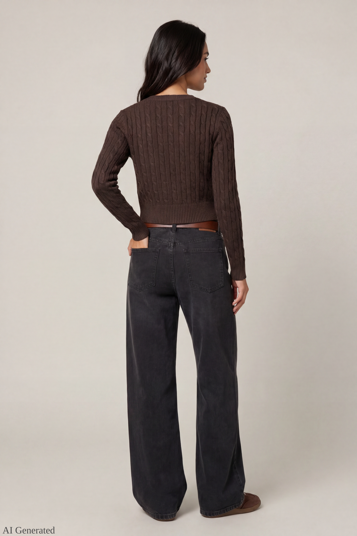 Alt View 3. Cable Knit Button-Up Cardigan - Brown