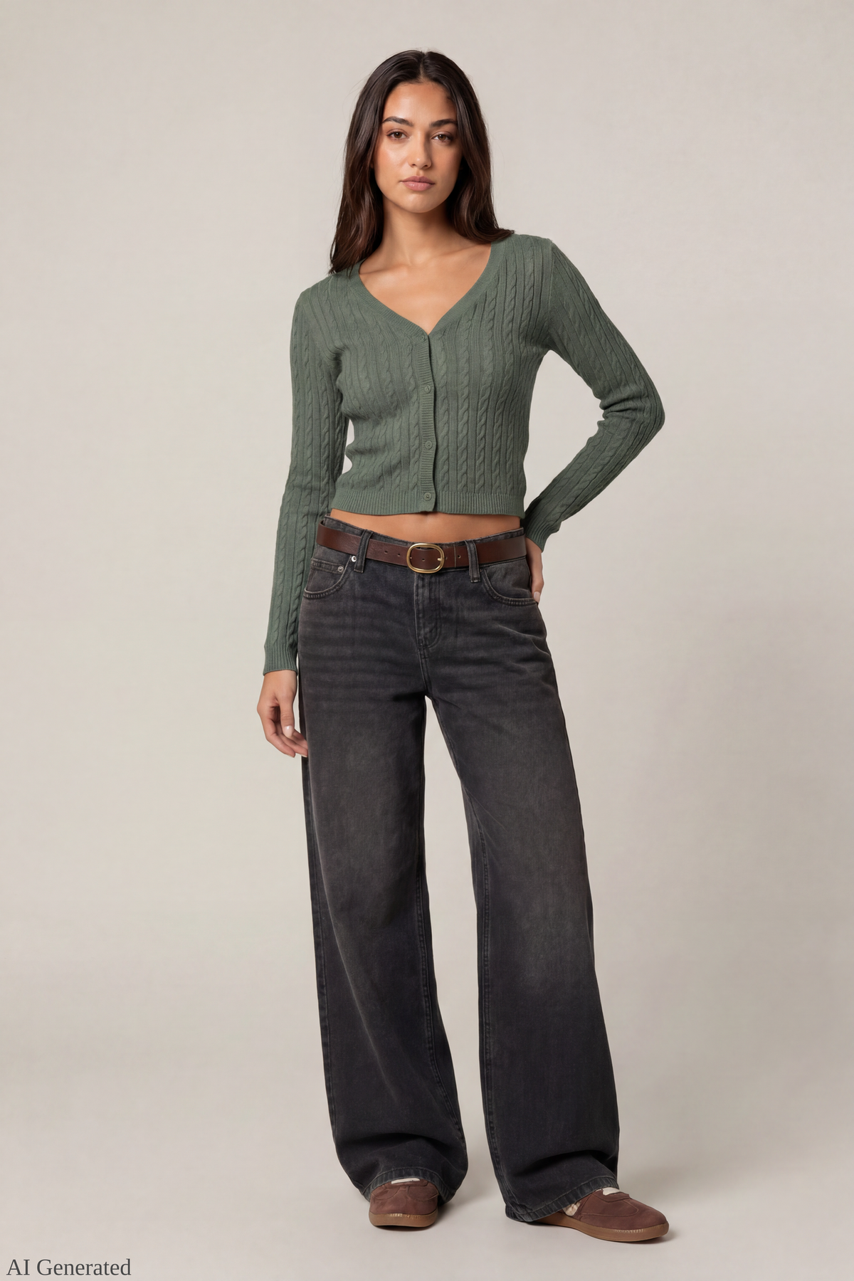 Alt View 2. Cable Knit Button-Up Cardigan - Dark Green