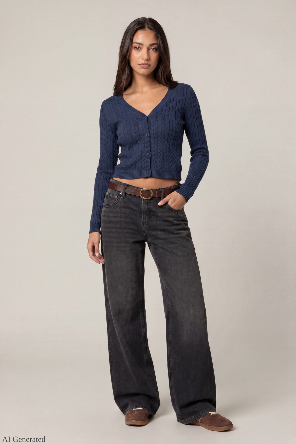 Alt View 2. Cable Knit Button-Up Cardigan - Navy