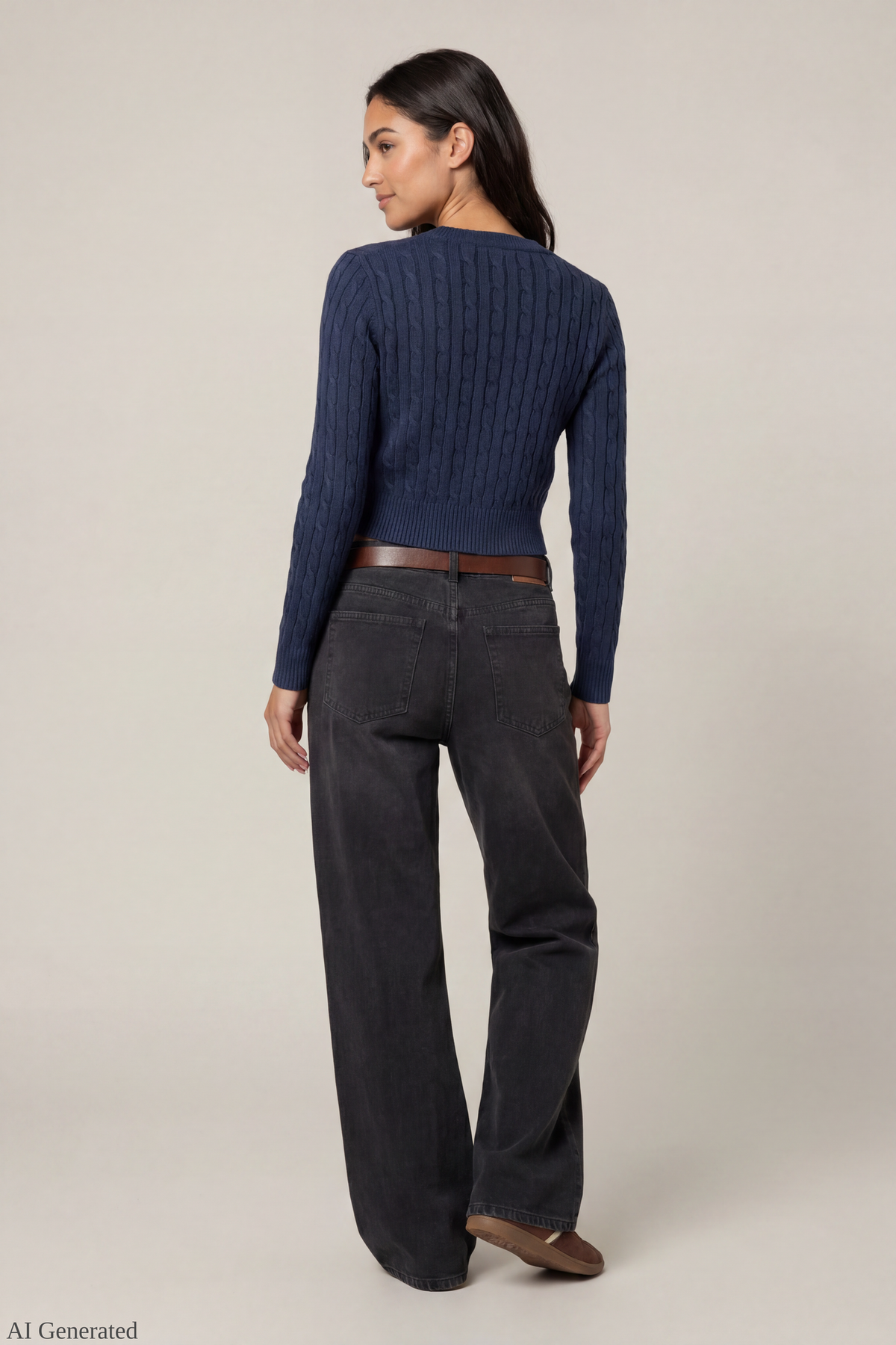 Alt View 3. Cable Knit Button-Up Cardigan - Navy