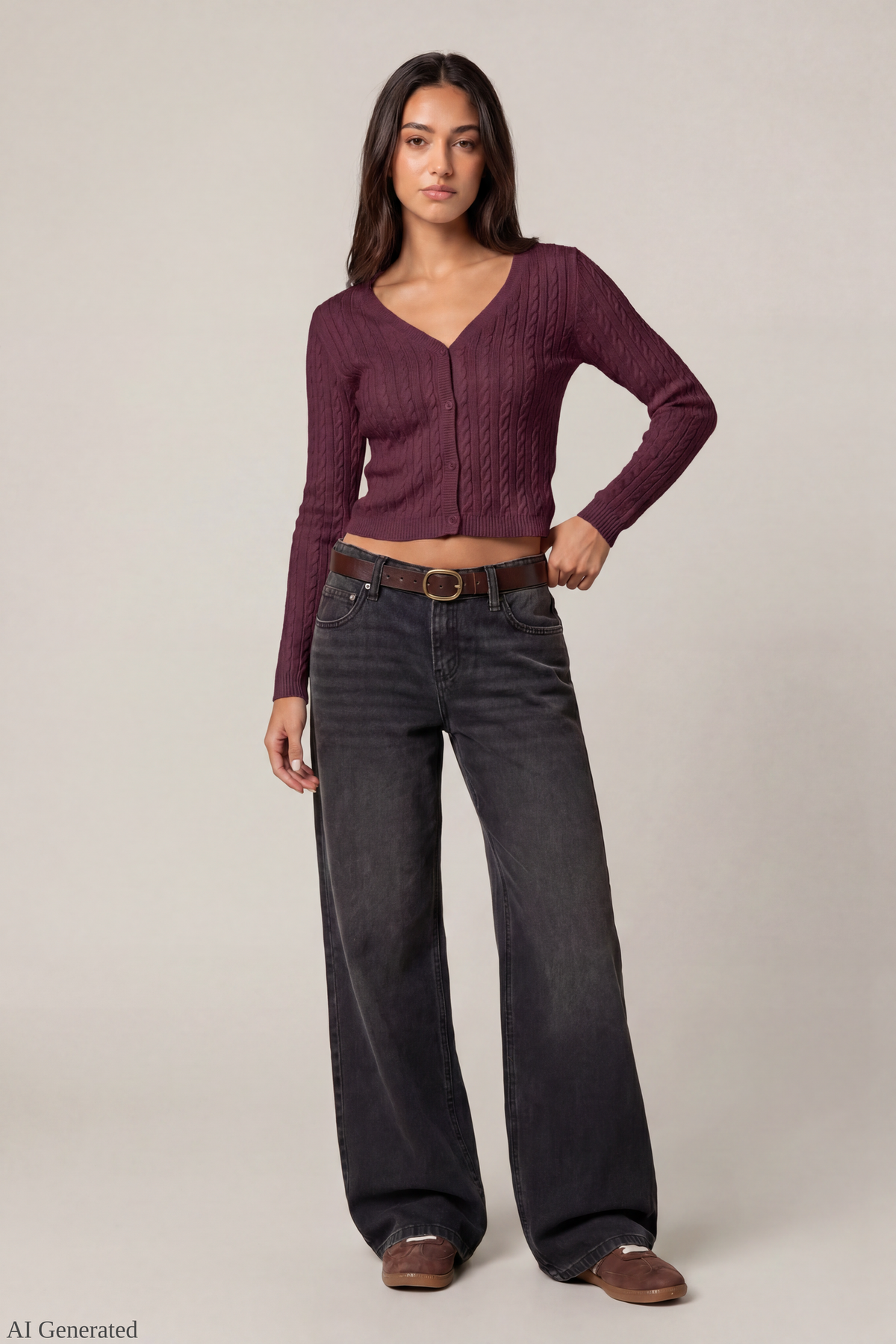 Alt View 2. Cable Knit Button-Up Cardigan - Purple