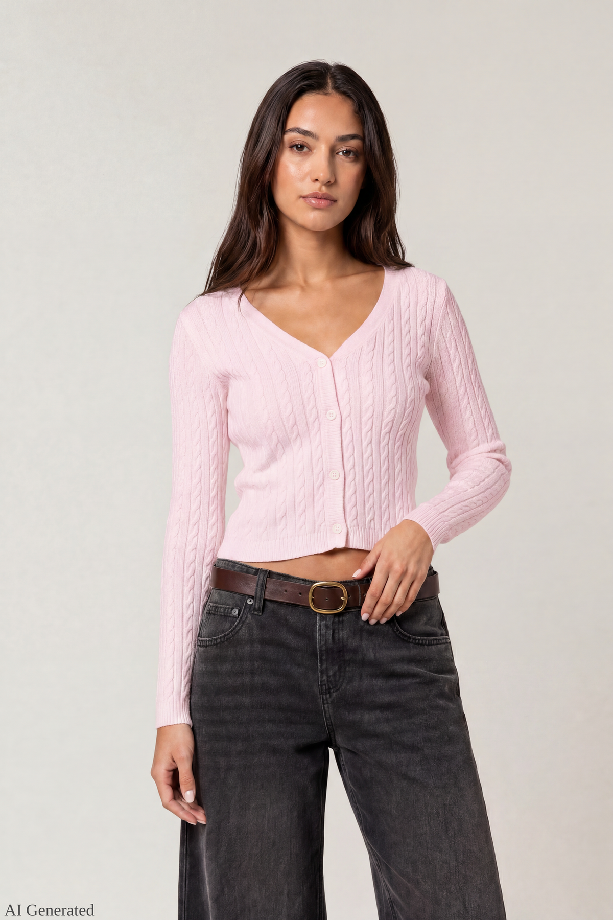 Cable Knit Button-Up Cardigan - Pink