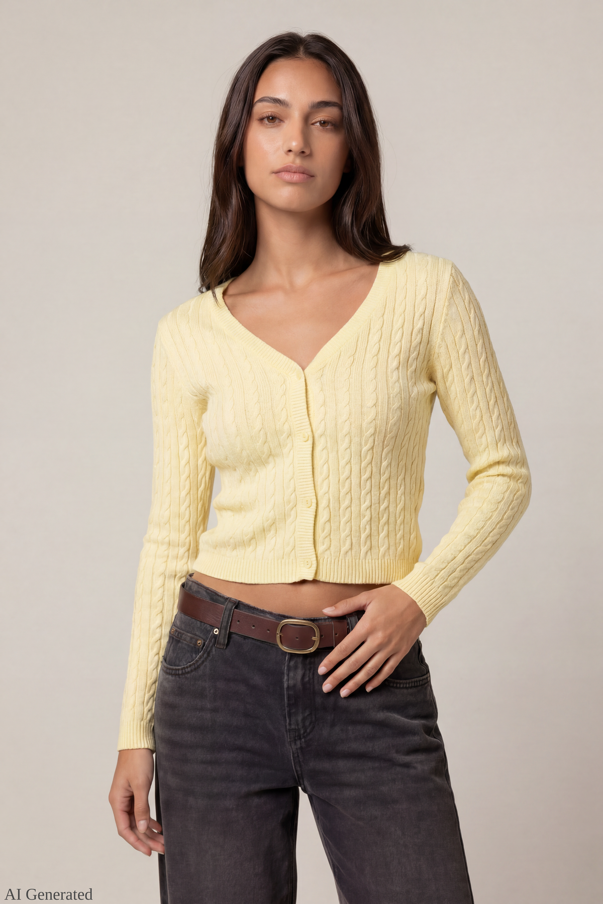 Cable Knit Button-Up Cardigan - Yellow