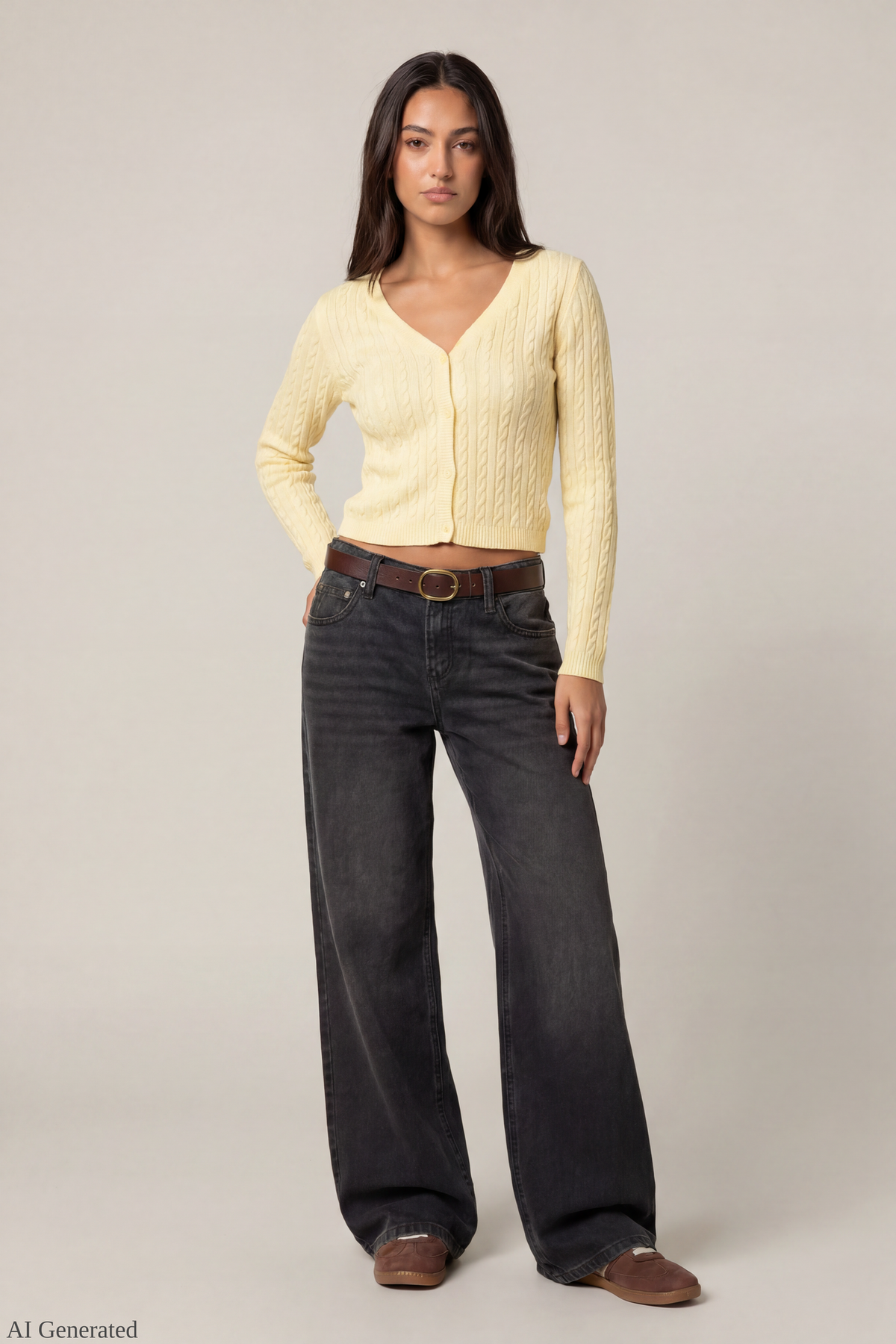 Alt View 3. Cable Knit Button-Up Cardigan - Yellow