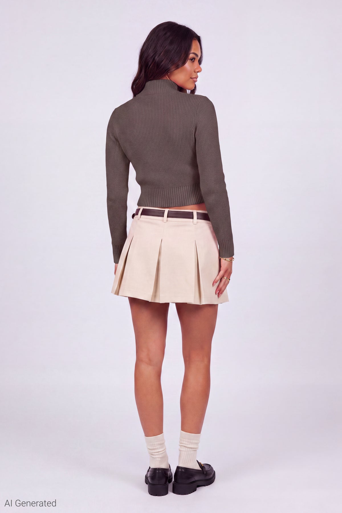 Alt View 3. Ribbed Bow Embroidered Zip-Up Sweater - Brown