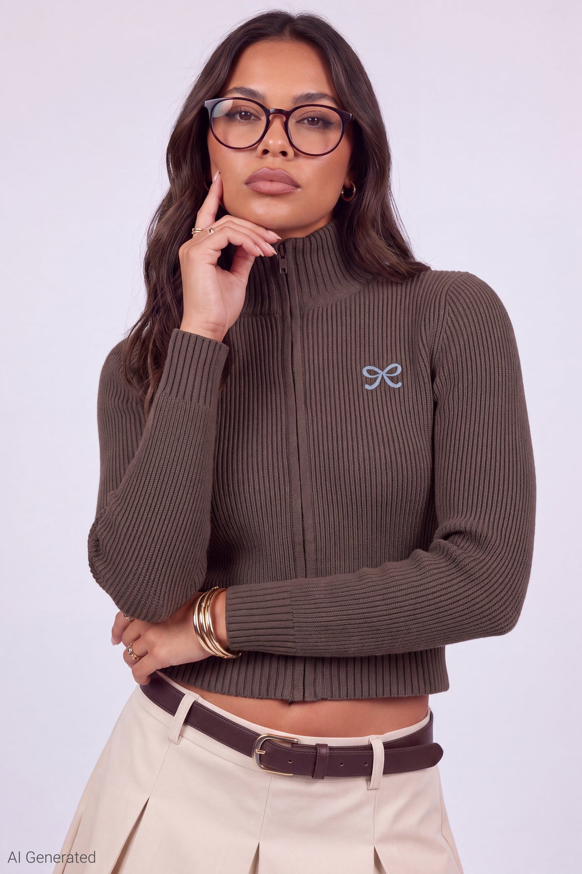 Ribbed Bow Embroidered Zip-Up Sweater - Brown