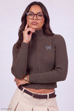 Ribbed Bow Embroidered Zip-Up Sweater