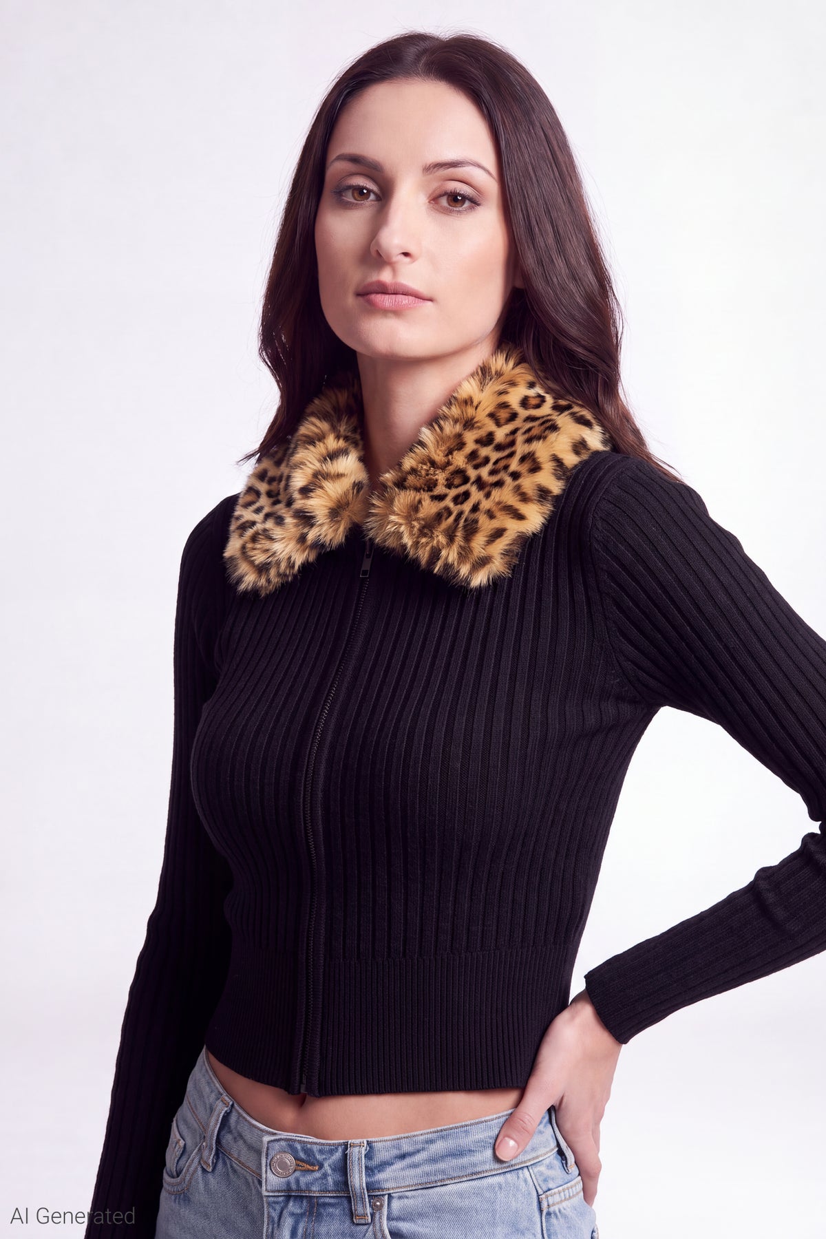 Faux Fur Collar Zip Sweater - Black