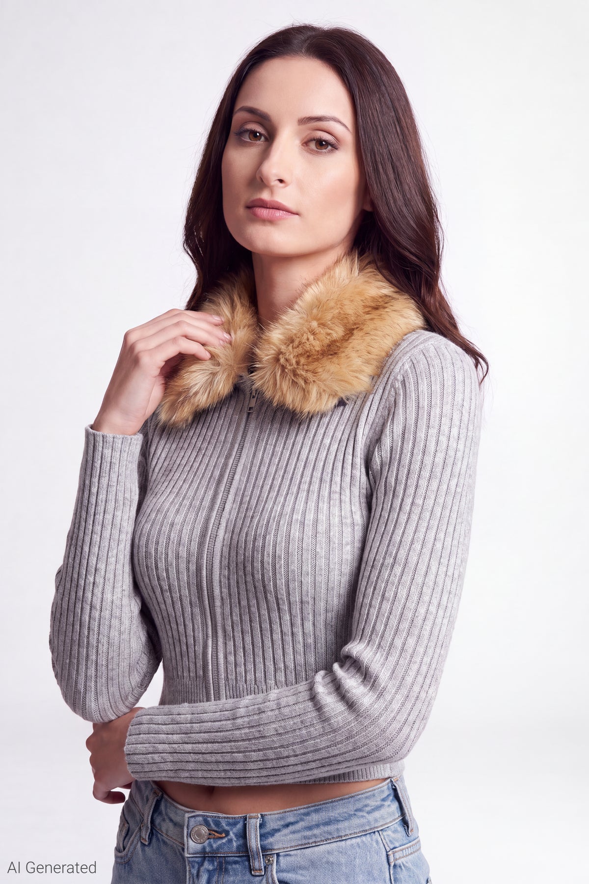 Faux Fur Collar Zip Sweater - Light Grey