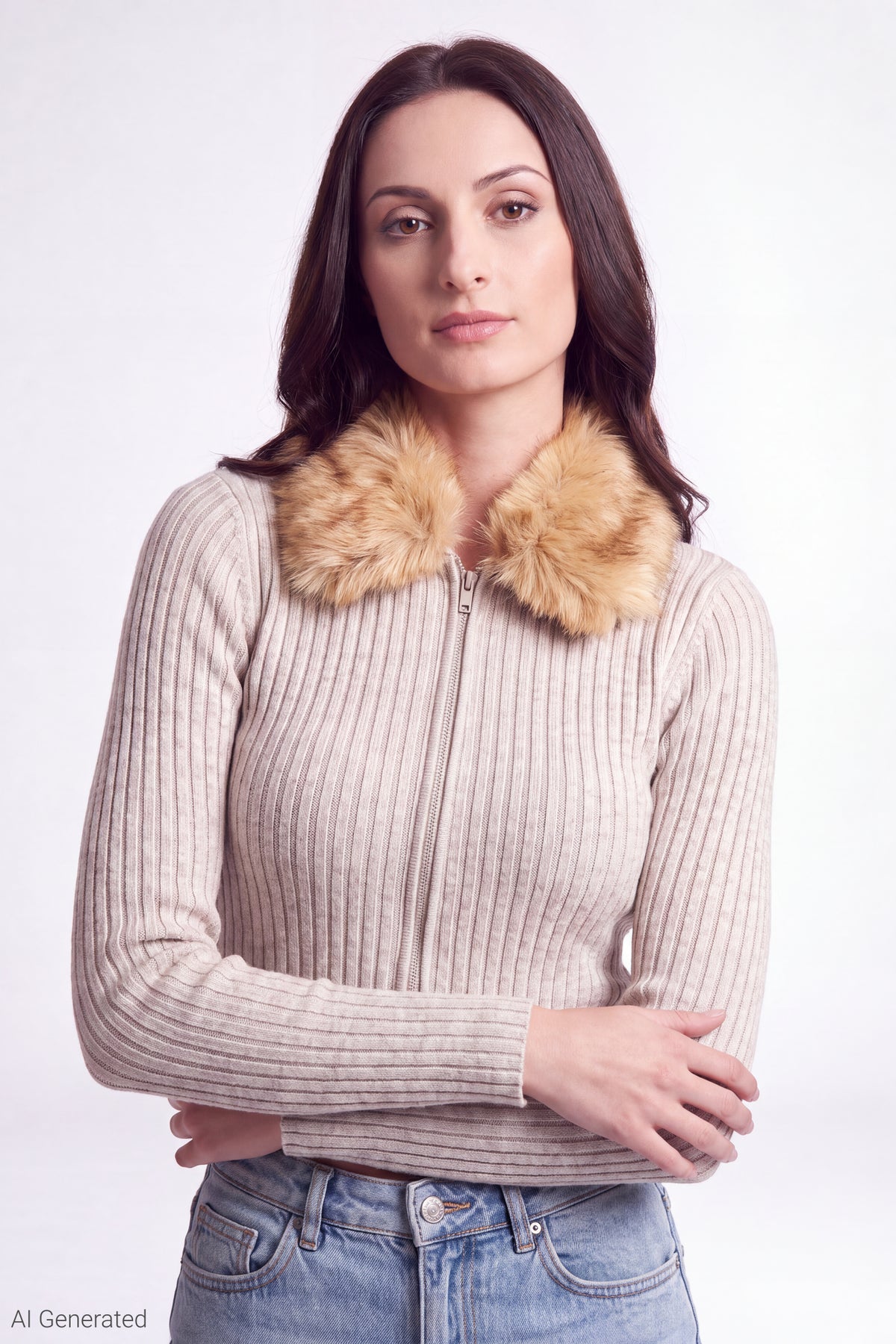 Faux Fur Collar Zip Sweater - Oatmeal