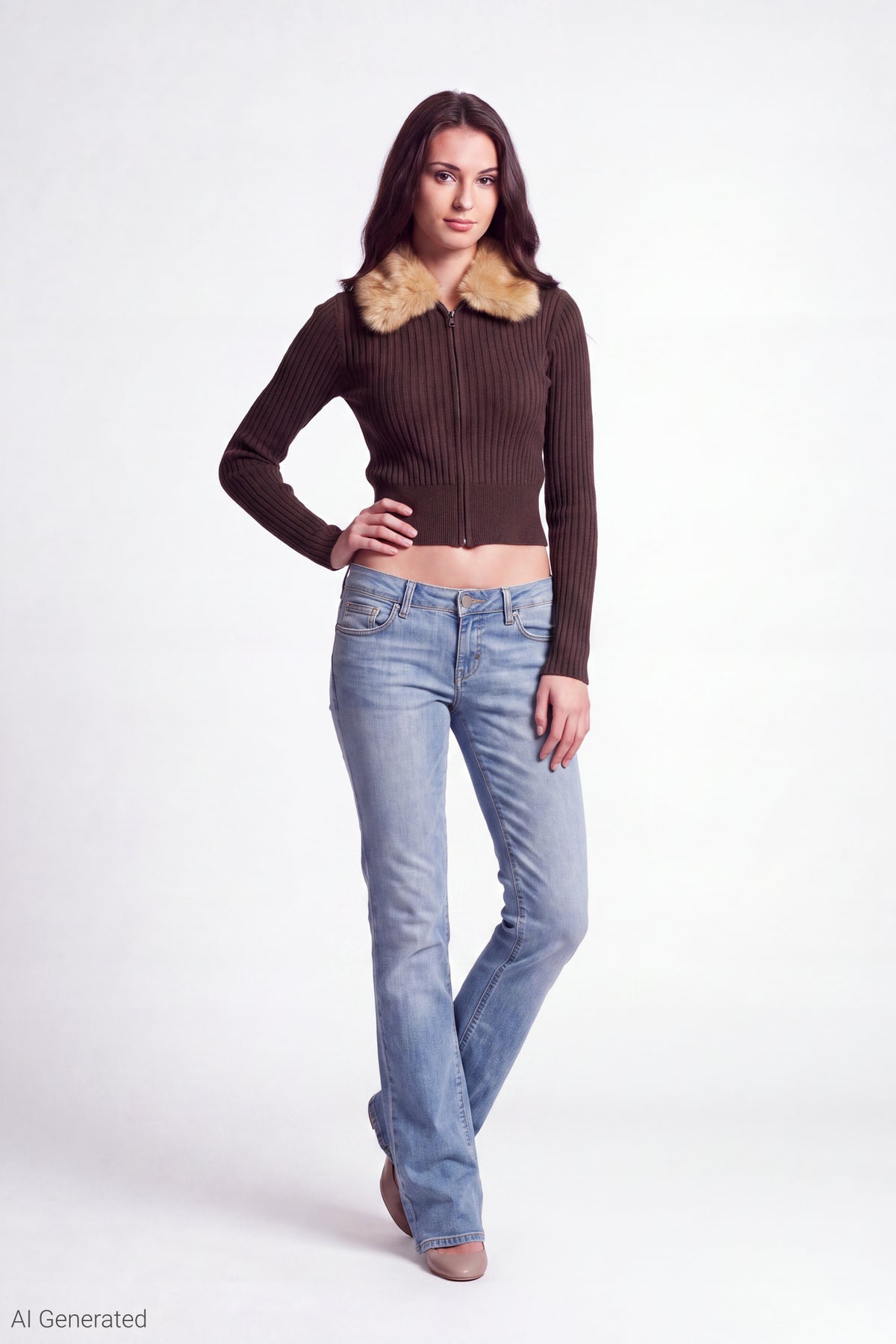 Alt View 2. Faux Fur Collar Zip Sweater - Brown