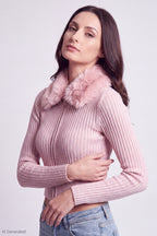 Faux Fur Collar Zip Sweater