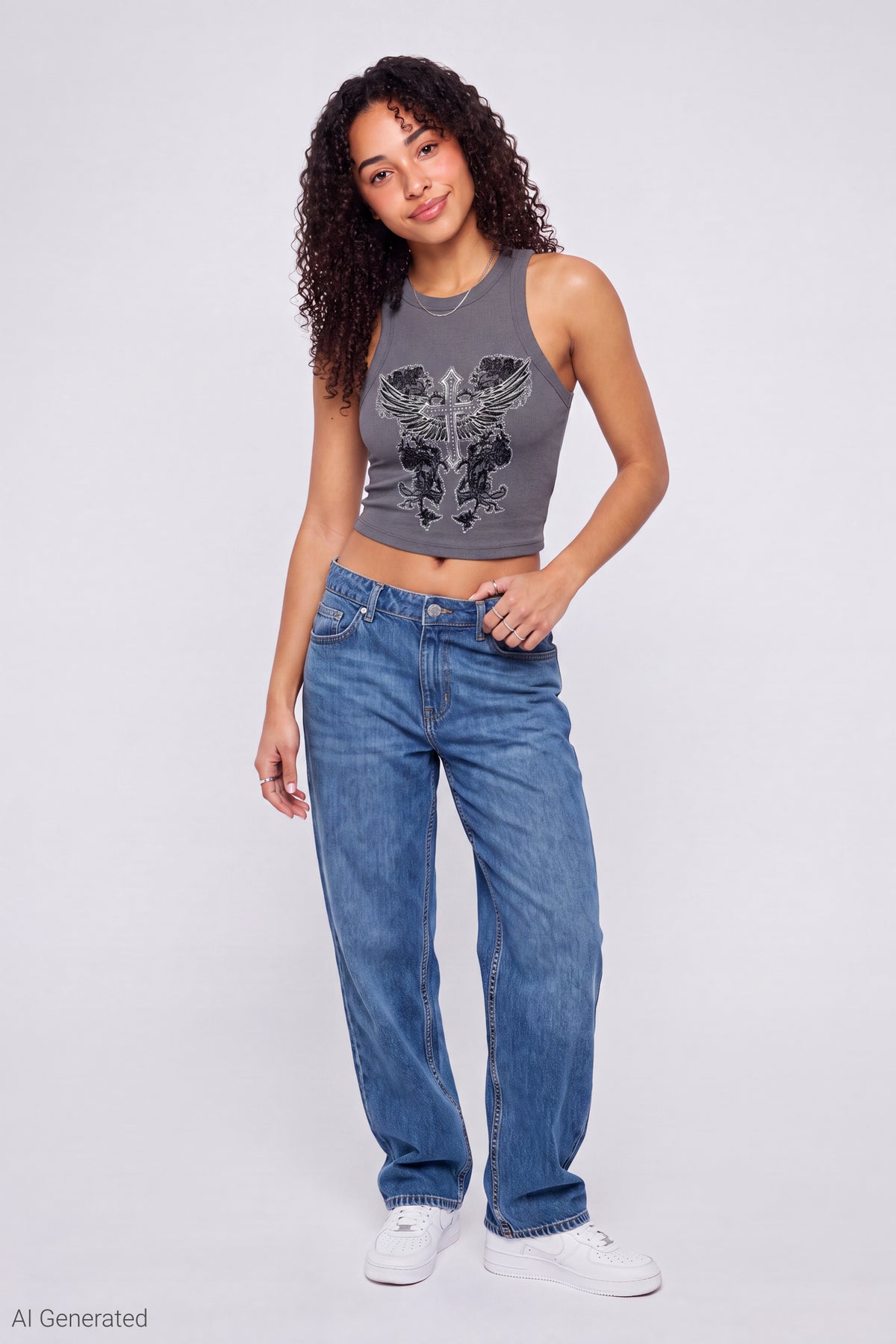 Alt View 2. Ribbed Graphic Tank - Charcoal