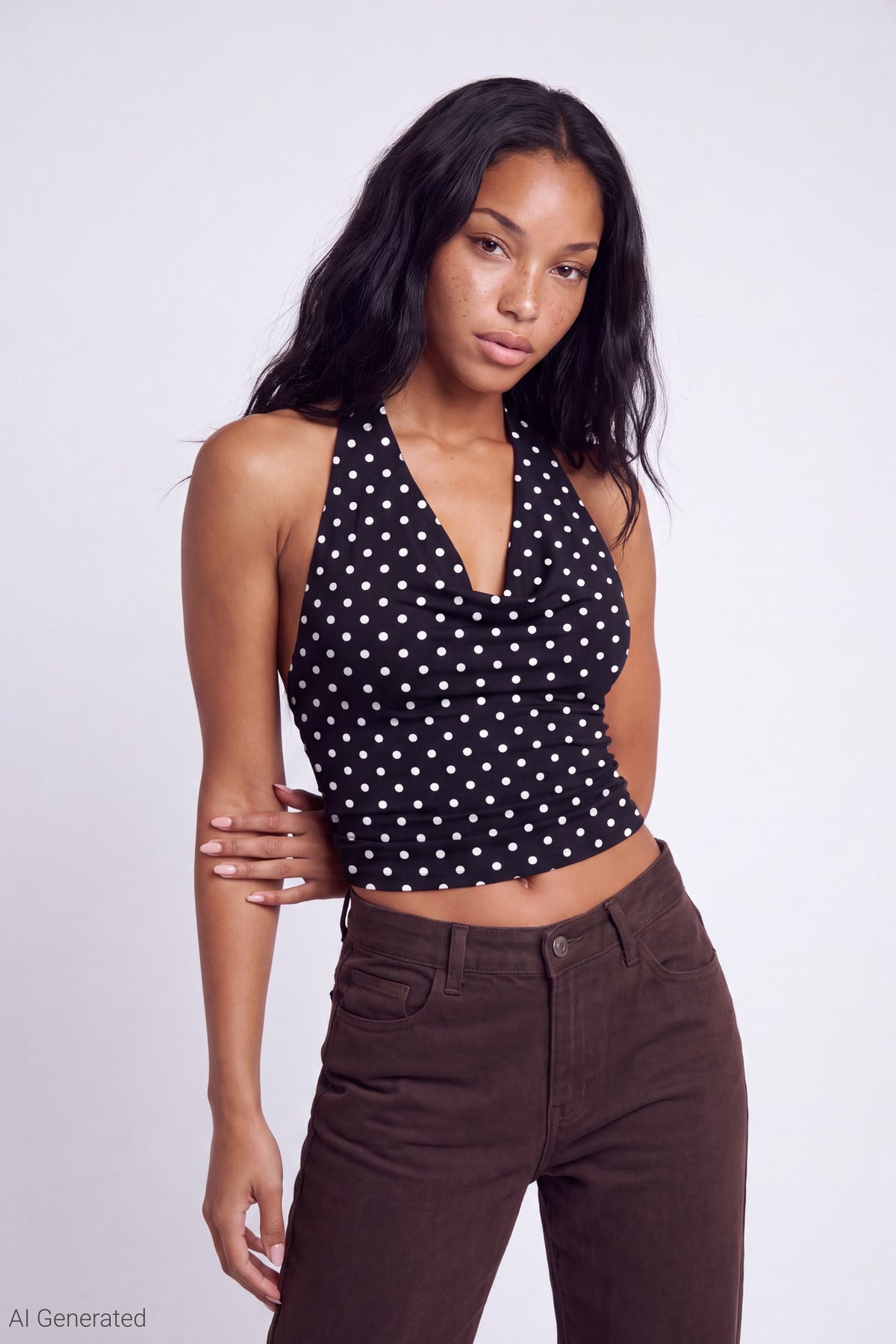 Cowlneck Halter Top - Black with White