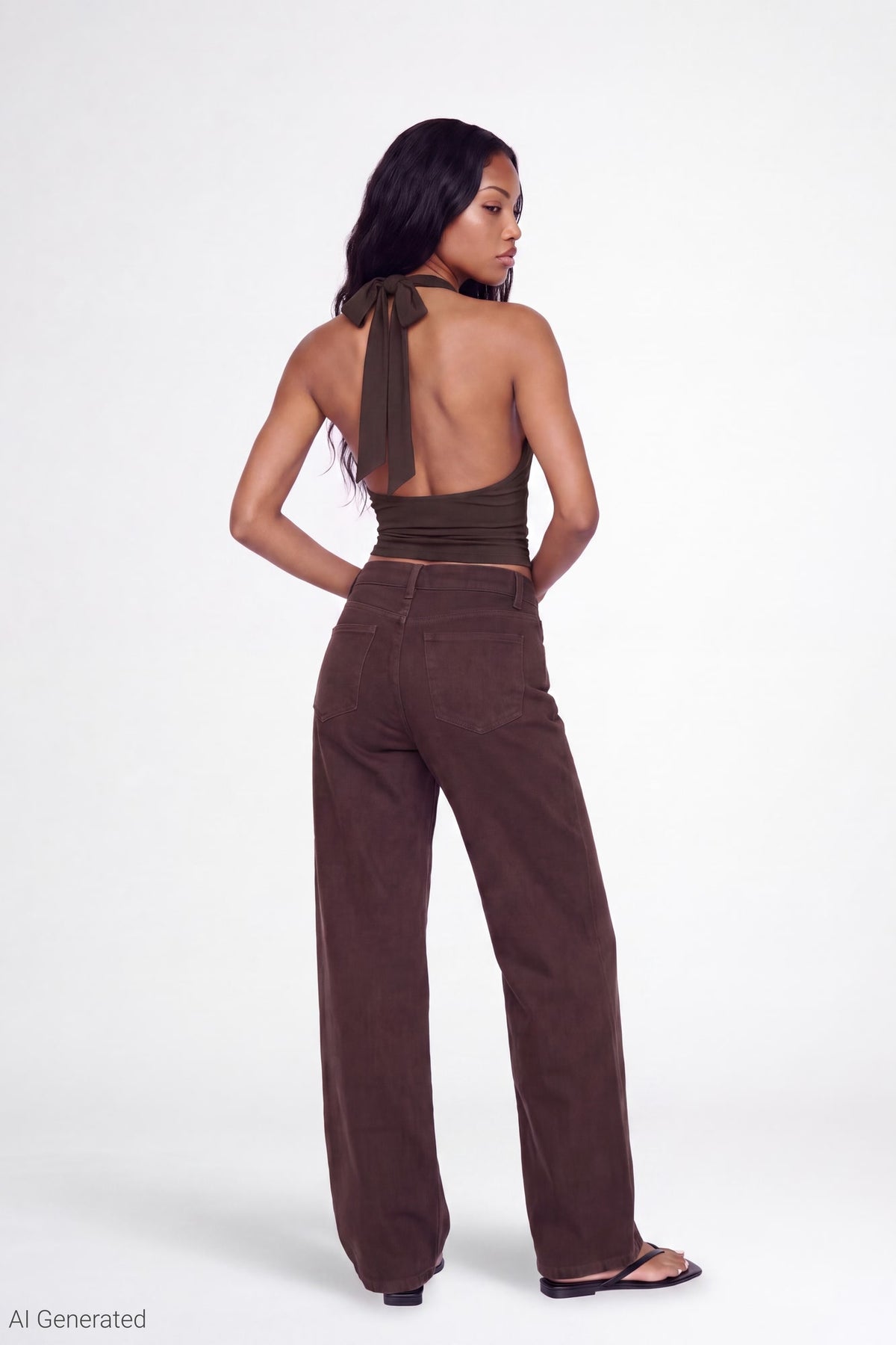 Alt View 3. Cowlneck Halter Top - Brown