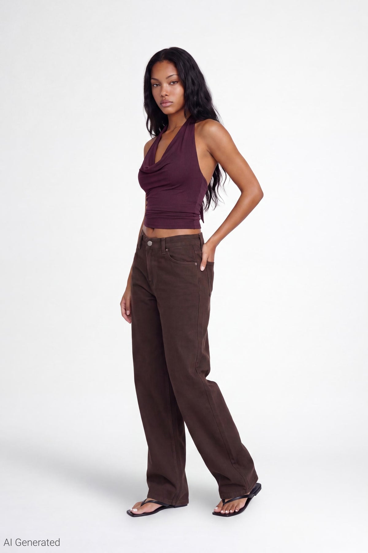 Alt View 2. Cowlneck Halter Top - Burgundy
