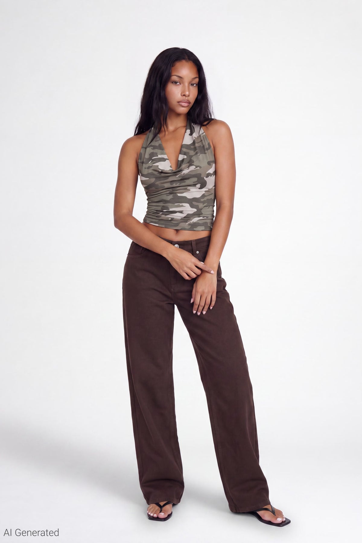 Alt View 2. Cowlneck Halter Top - Camouflage