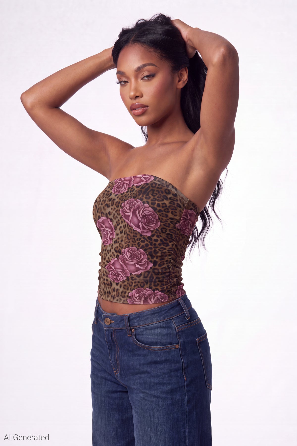 Printed Mesh Tube Top - Brown