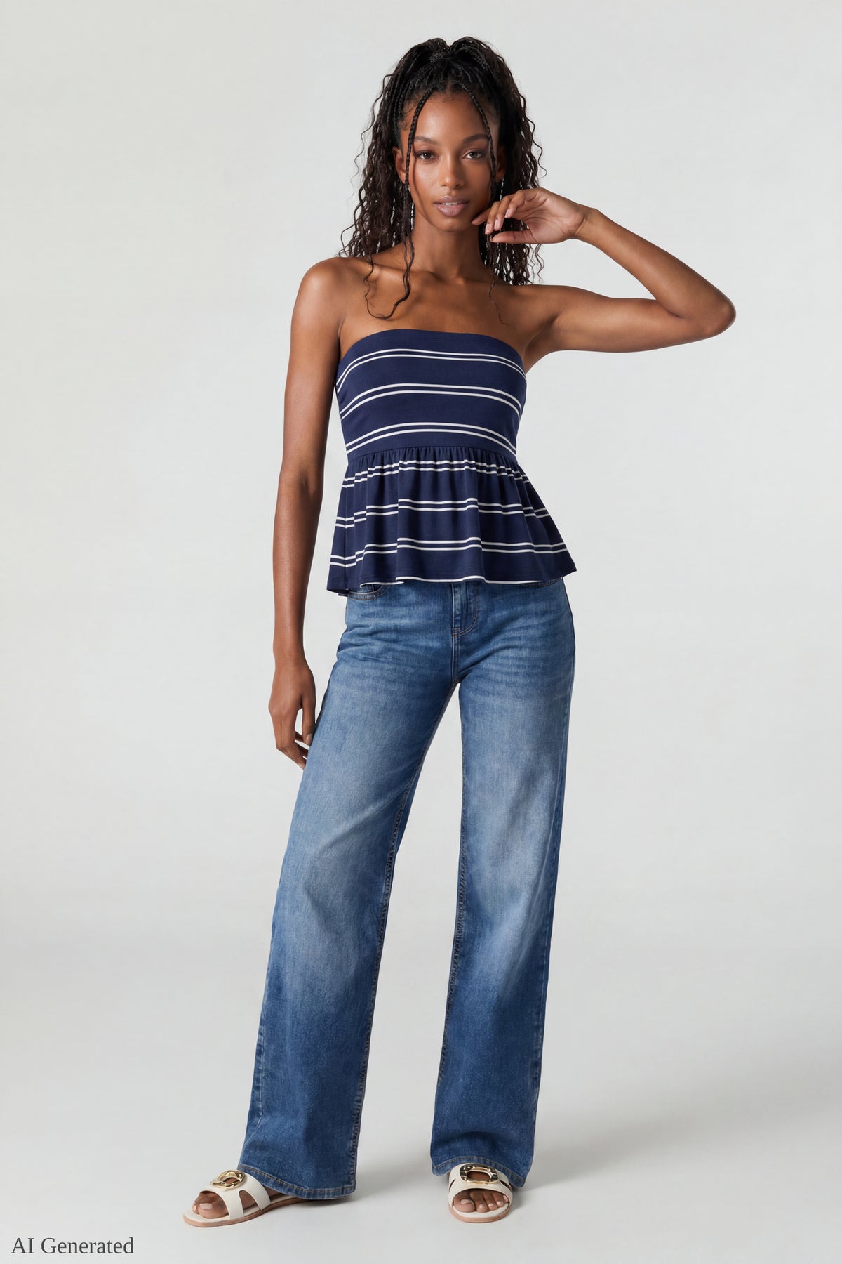 Alt View 2. Striped Babydoll Tube Top - Navy
