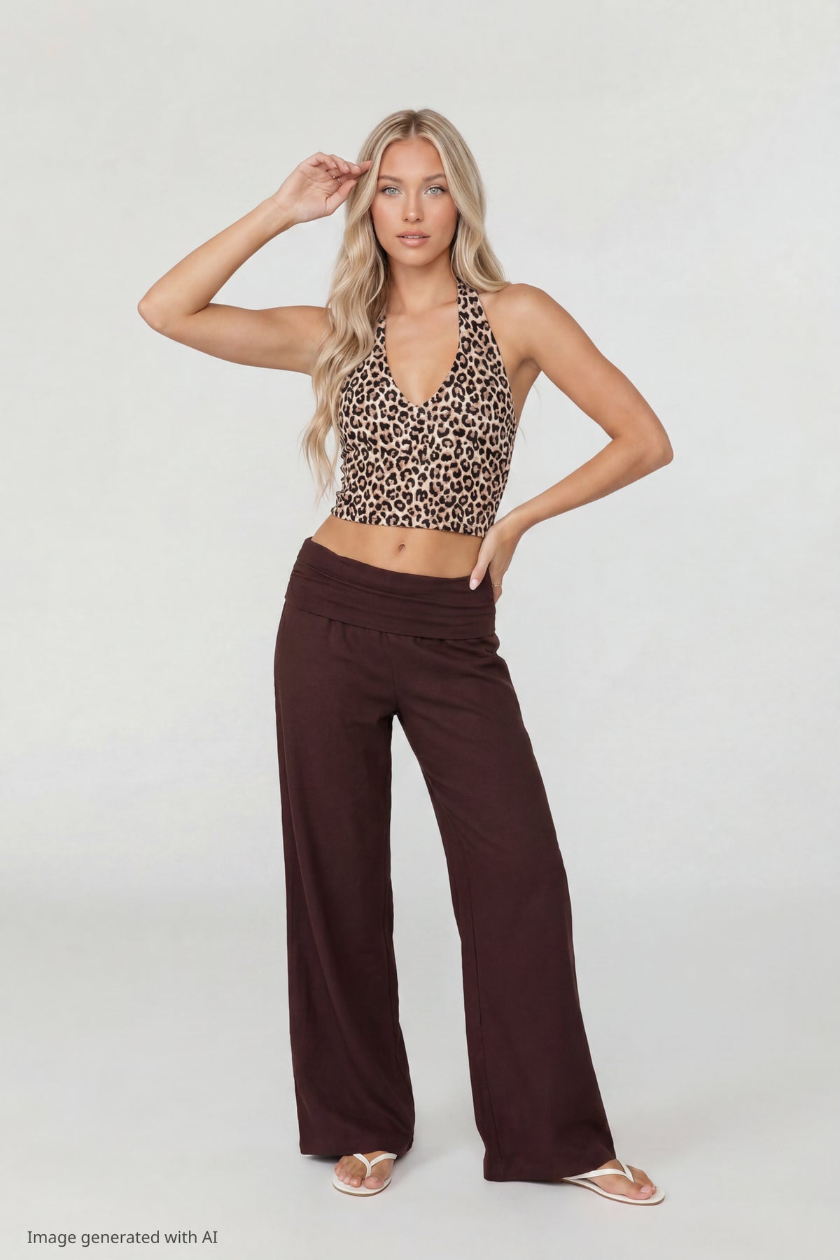 Alt View 3. Soft V-Neck Halter Top - Leopard