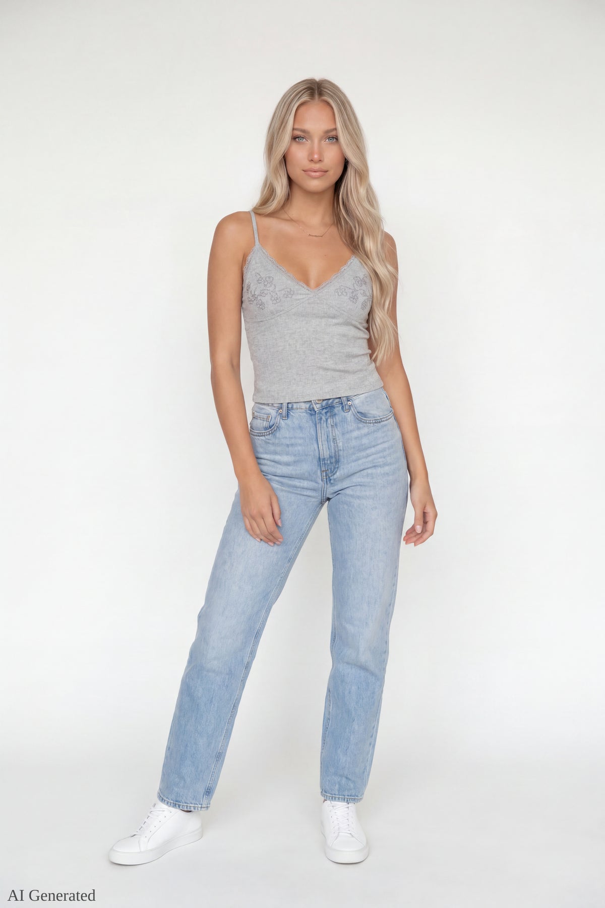 Alt View 2. Beaded Lace Trim V-Neck Tank - Heather Grey