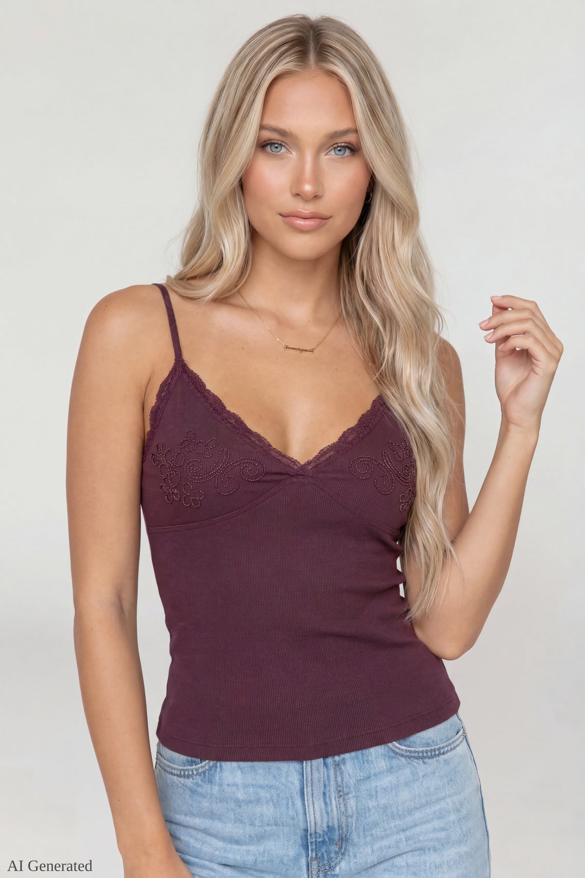 Beaded Lace Trim V-Neck Tank - Dark Brown